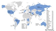 In deze kaart zijn de belangrijkste, wereldwijde producenten van kritieke grondstoffen te zien (kaart uit 2023). Een uitleg van de inhoud is boven de kaart te vinden.